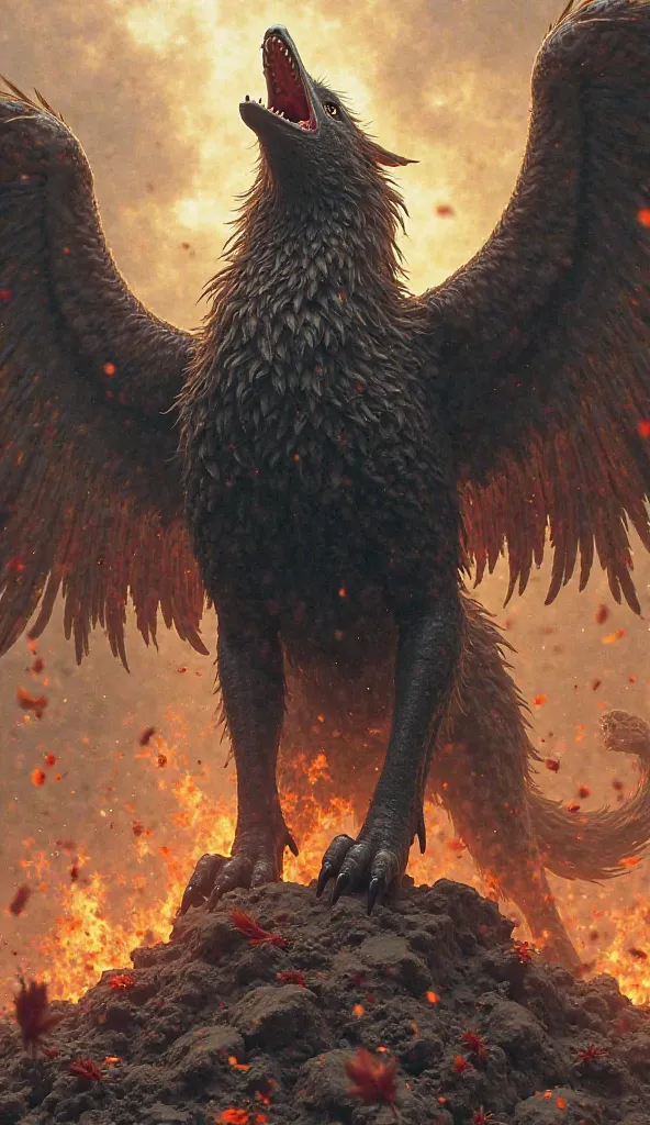 "Cerberus standing over the ashen remains of the phoenix, all three heads snarling in victory. The bird's once-brilliant flames now extinguished, leaving only scorched feathers scattered around the hellhound's massive paws as it howls triumphantly."