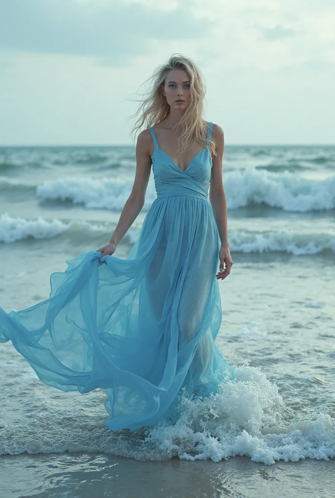 A 30-year-old woman walks on the seawater wearing a light blue Muslim dress facing directly at the camera of the huge undulating waves