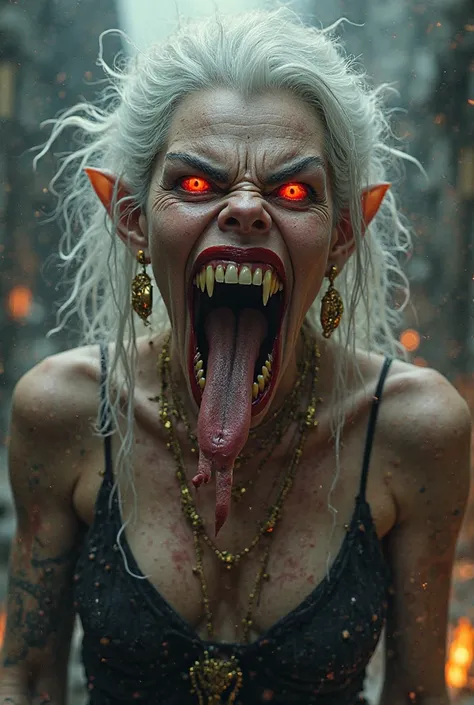 *Prompt:**  
"A demonic humanoid woman with silver-white, wild hair and glowing red eyes, her mouth wide open, revealing razor-sharp fangs and an elongated monstrous tongue. A terrified human is inside her mouth, partially swallowed, with their arms reachi...