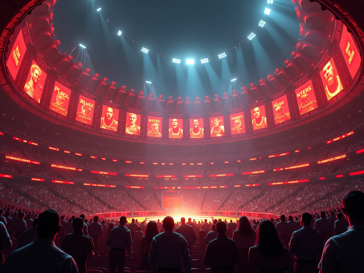 Jim Lee inspired comic book style arena,  A massive, high-tech structure with glowing red and gold LED panels flashing the names of the competitors.

Holographic billboards around the coliseum showcasing upcoming matches, wrestler promo videos, and champio...