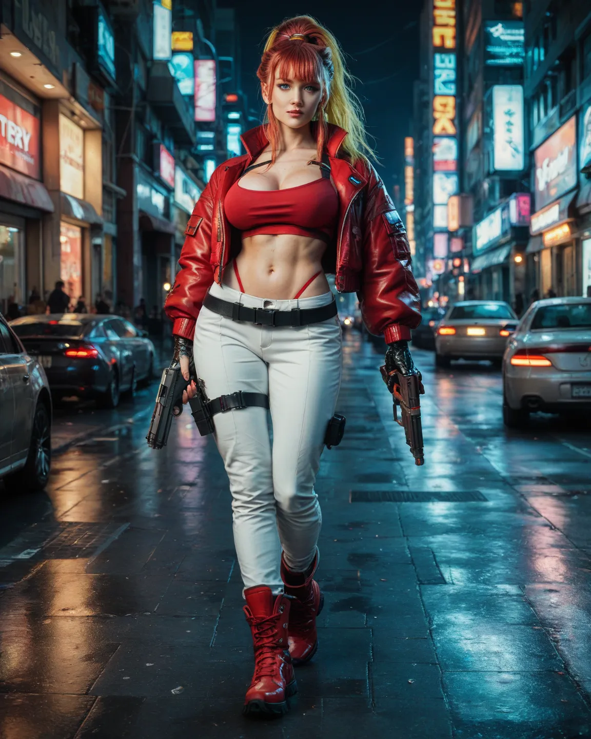  1 girl, 30 years old, street,  Cyberpunk city, Bright white short jacket, Red ankle boots, Red top, thong, long hair,  Reddish, high resolution, Best quality, Ultra high definition, High detail, Loose hair, sloppy hairstyle, bright yellow hair, big breast...