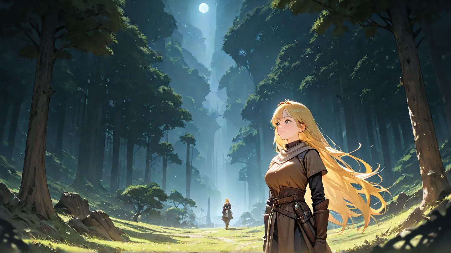  huge _very high resolution, high resolution, 걸작, recent, 1 female, long hair, yellow hair, light smile, medieval adventurer outfit,  soft_light,  blurry , Magnificent Woodland Landscape, Panoramic View, high resolution background, background center,  dark...