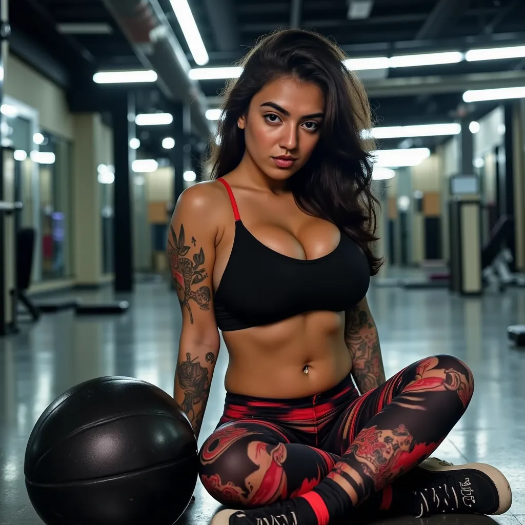 A stunning young woman with long, flowing black hair styled in a slightly messy way, sitting in a dynamic pose inside a modern gym. Her toned, athletic physique is highlighted by soft, dramatic lighting. Her piercing gaze and confident expression add a fie...