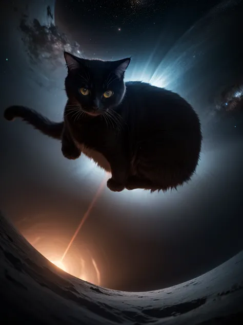 a giant cat, emerging from a massive black hole, floating in the vastness of the universe, photorealistic, 8k, highly detailed, cinematic lighting, dramatic atmosphere, fantasy, sci-fi, digital art