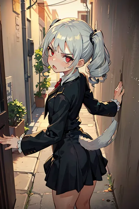 Young girl with grey hair, ((fringed and curly hair)),((curly short twintail)), curly hair ,(red eyes),, ((small bushy eyebrows)), wearing gothic lolita clothing, lolicon , to school, , angry face, walking to school, she her leaning against the wall and pu...