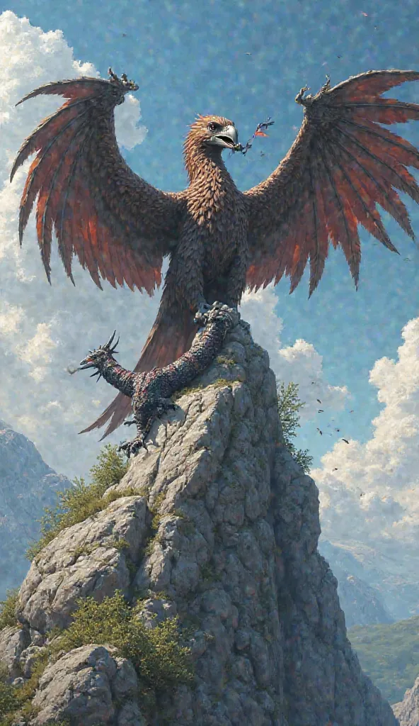 "The roc perched atop a mountain spire, using its massive beak to tear at the broken wyvern trapped in its talons. The defeated dragon-kin's wings lie shredded and useless, poison sacs ruptured, as the gigantic bird screams its victory to the skies."