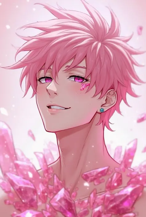 Rose quartz gemstone, rose quartz male creature, pink, Anime, handsome, pink gem shard coming out of right eye, Best Quality, Short Hair, Pink Hair, Earrings, Crystal Earrings, Smile, Facial Hair, Happy, Light Smile, No Pupils, Blank Eyes, Sparkling Eyes, ...