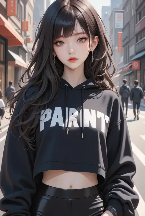 woman withblack and white streatwear, Tight bottoms, crop top sweatshirt, very tall, with thick thighs, wide hips, long legs, and a slender waist. green eyes, Long flowing Black hair . sad expression on face, Clean face. Nothing in her hand. A melancholy e...