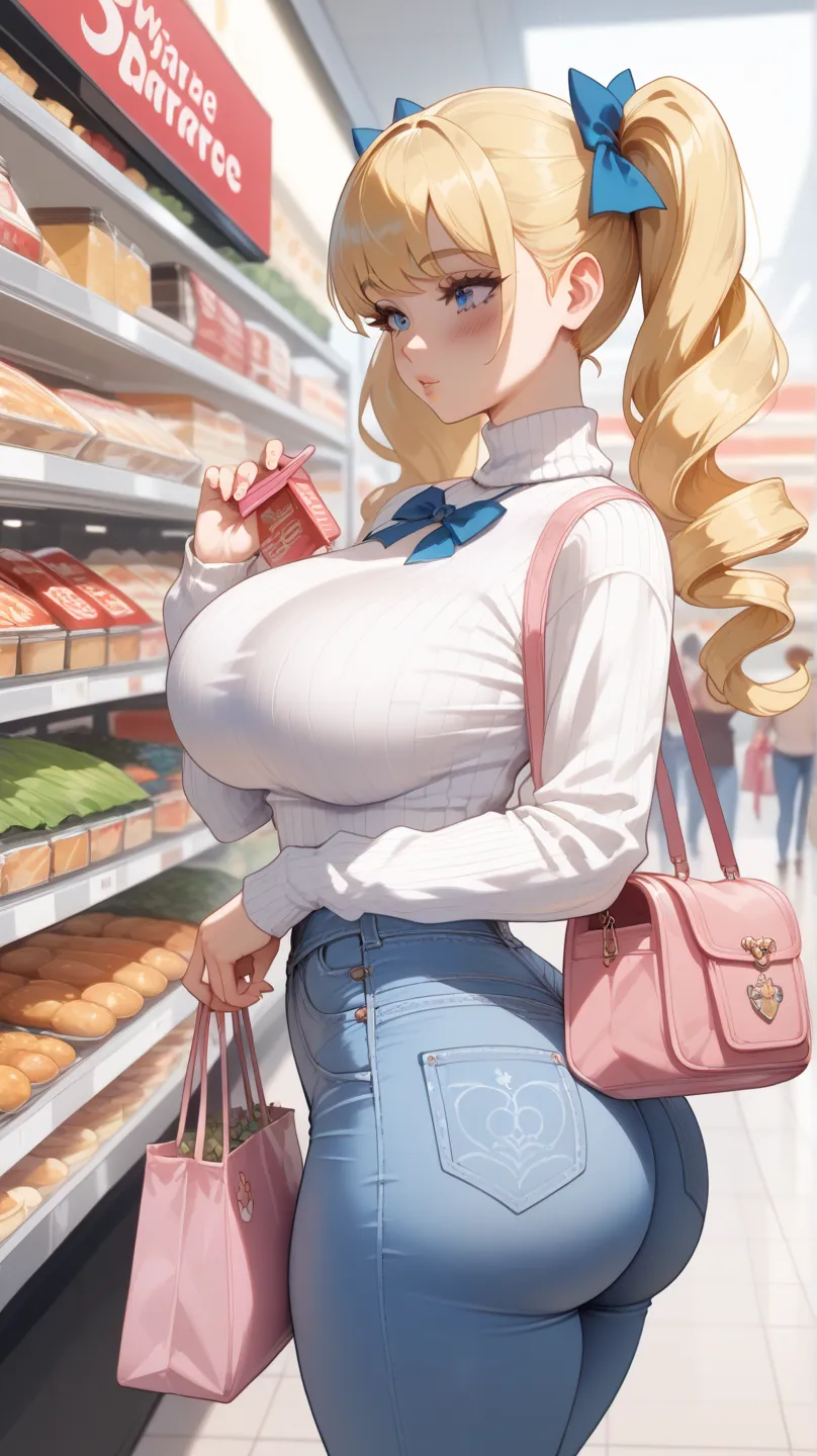 score_9, score_8_arriba, score_7_ 1,  a blonde girl  (pigtails with blue bows),   white sweater ( talleed ),  blue jean pants , long hair,  breasts,blush, throw, big ass, big breast, wasp waist with wide hips, High resolution,  Pink bag ,  buying in a supe...