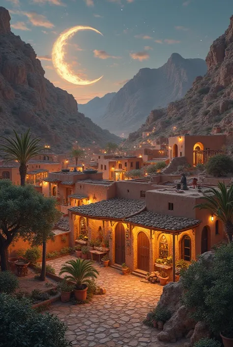 Traditional Amazigh village in Western Anti-Atlas, first Crescent, Ramadan atmosphere, cinematic details, cultural