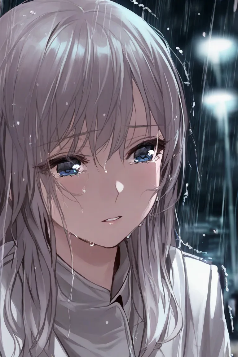 Half body portrait of a sad girl standing in the rain, Closeup of a teary face, Heavy raindrops falling, Wet hair that sticks to the skin, Eyes full of sorrow, Trembling Lips, white coat, Soft light of street lights reflected in the eyes, Premočené oblečen...