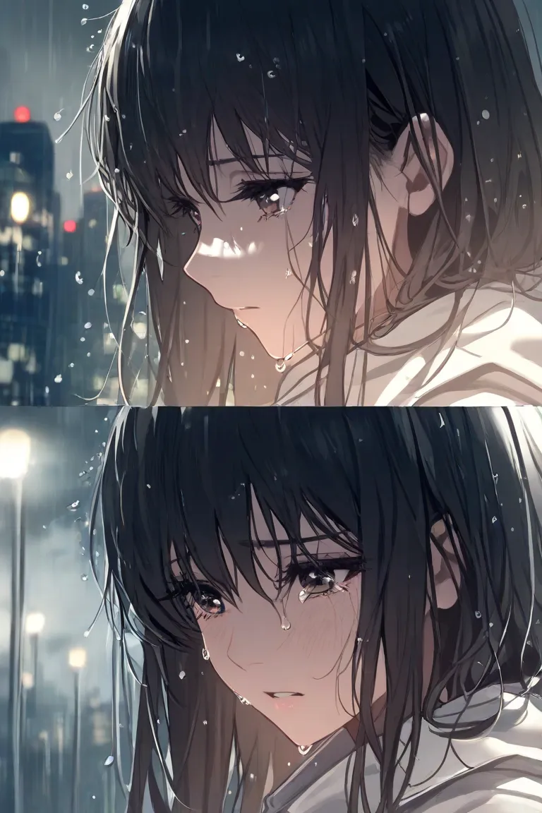 Half body portrait of a sad girl standing in the rain, Closeup of a teary face, Heavy raindrops falling, Wet hair that sticks to the skin, Eyes full of sorrow, Trembling Lips, white coat, Soft light of street lights reflected in the eyes, Premočené oblečen...