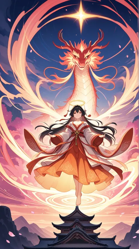 Create a Chinese Xianxia fantasy image in donghua (Chinese anime) style featuring a wise and powerful immortal cultivator as the central focus. The character has a serene yet commanding presence, floating gracefully in mid-air with long flowing black hair ...