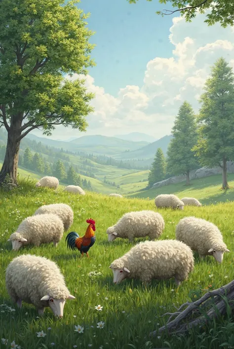 A group of sheep graze in different positions.12 Cock.A pasture near trees.Realistic picture 