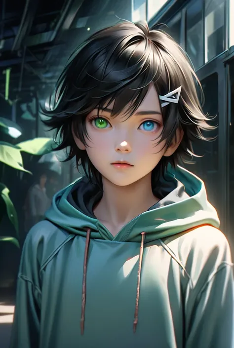 Black hair, white mesh, triangular hairpins, right eye, light blue, left eye, green boy with long side hair on the left side and braids
Cat-like standing picture hoodie for distribution