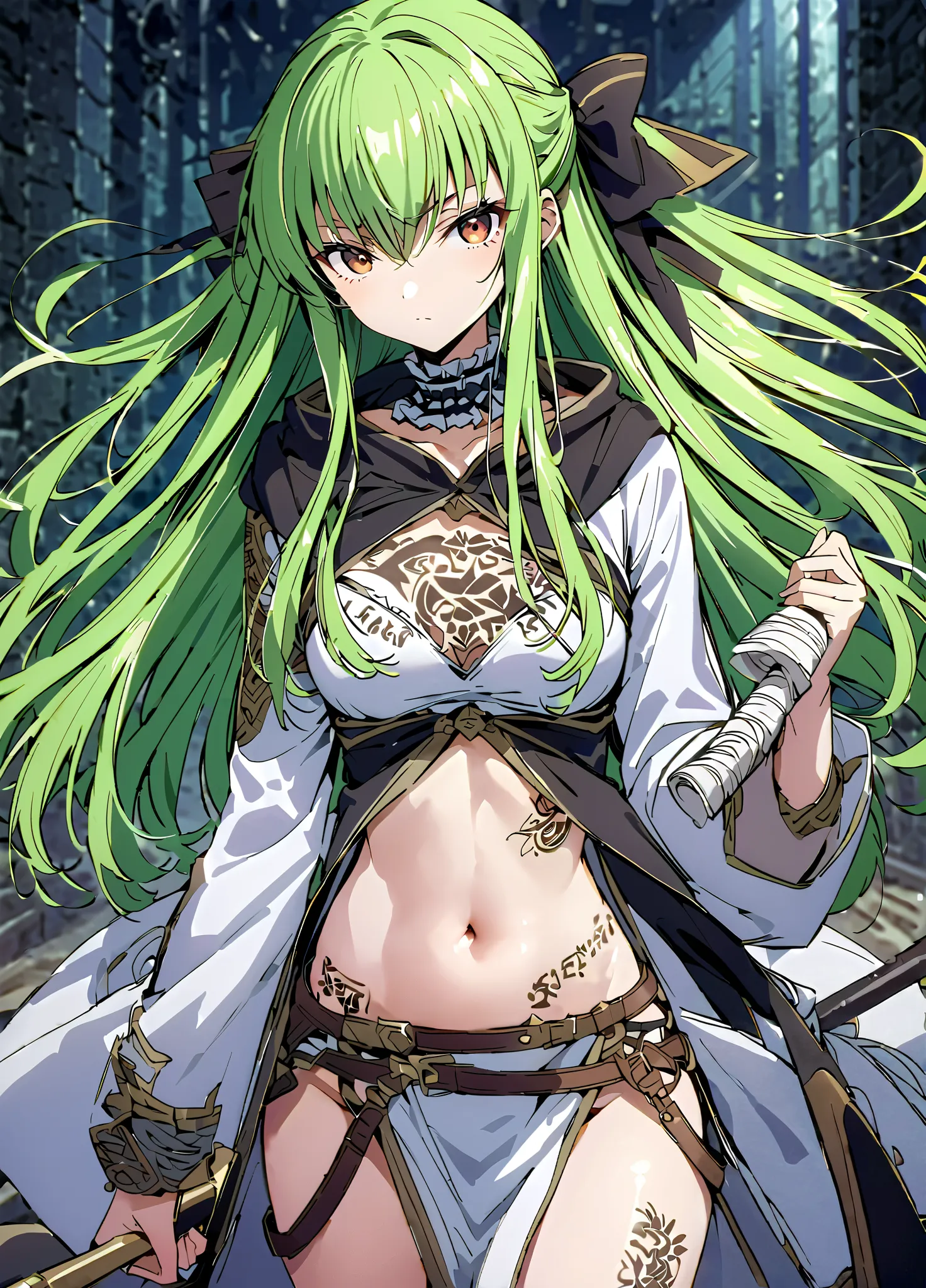 masterpiece,best quality,yatsukihiyori,Mamiya Marika, 1girl,green hair, long hair, half updo, brown eyes,jewelry, frilled choker, hair bow,cowboy shot,r3penti4, hood, scrolls,navel,tattoo,bandages, body writing, tattoo, weapon, holding weapon, pelvic curta...