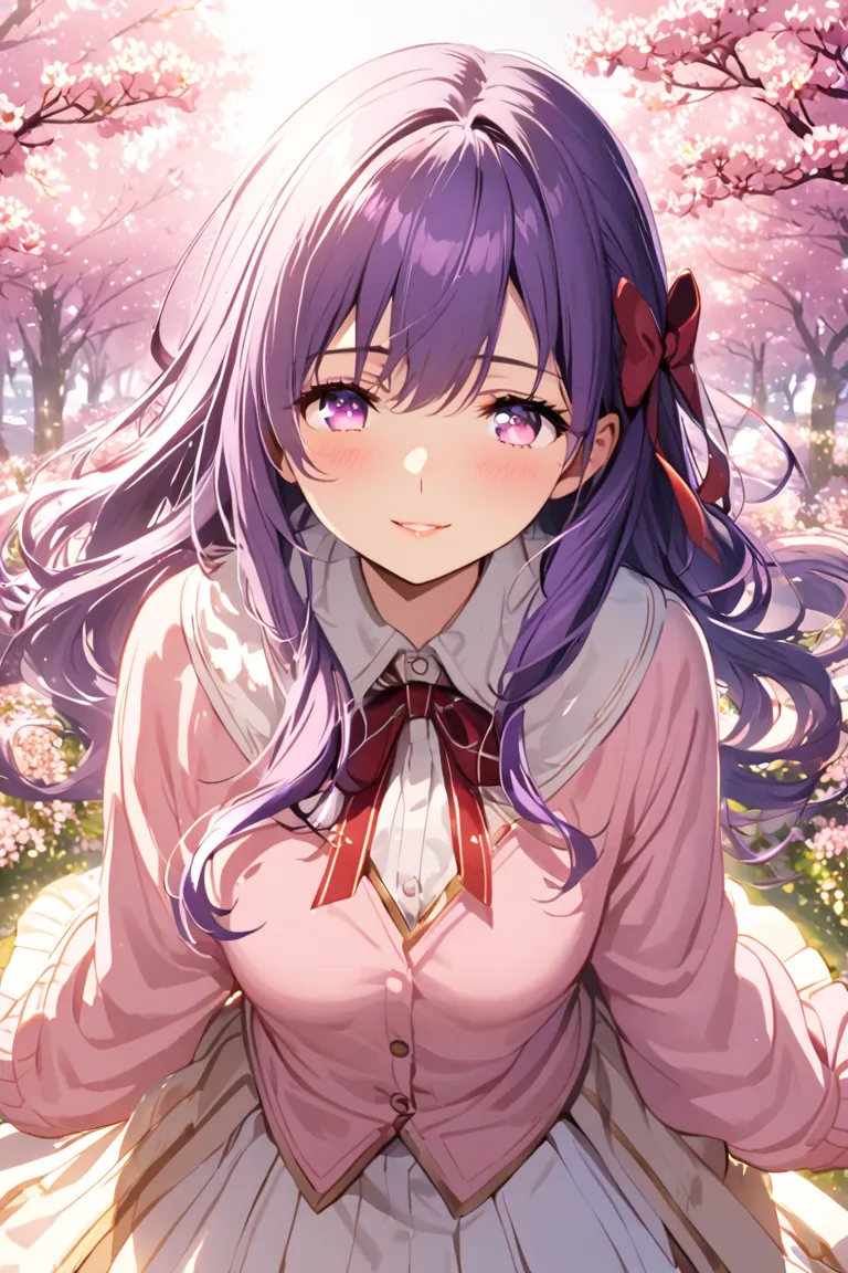 big breasts, very long hair, open your mouth slightly, cherry blossoms,purple base with pink hair tips、 purple eyes、A neat and beautiful girl、white blouse and pink cardigan、miniskirt、Red String Bow 