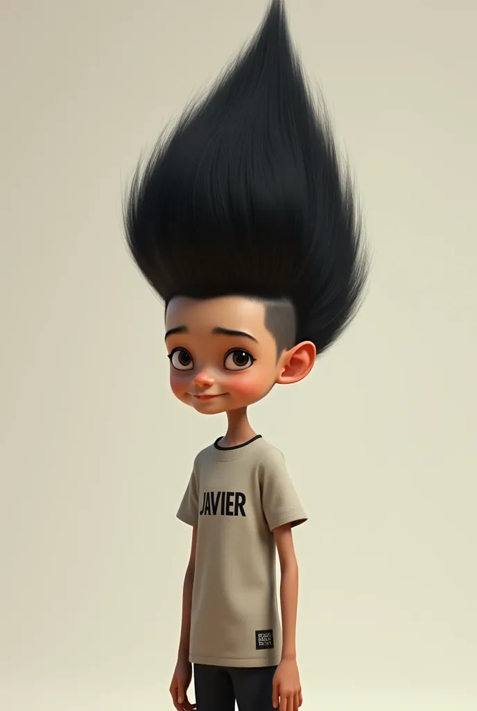 a very skinny boy with a giant black hair triangle the back of his head wearing a shirt that says Javier