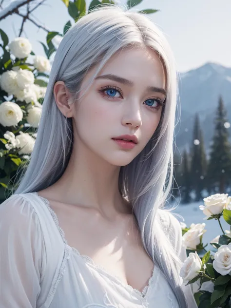 long white snow-white hair, blue eyes, serious features,  white skin, Free style, in the garden, with Solo flowers,  Masterpiece , high resolution, Realistic anatomy, Точность, 