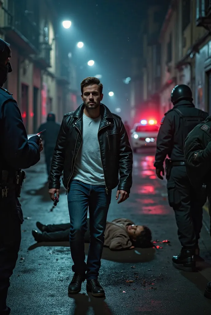 A very clear ultra hd dynamic images of A dark urban alley at night, dimly lit by flickering streetlights. A crime reporter, a man in his early 30s with stubble, black leather jacket, white shirt, and jeans, arrives at the scene. Police officers surround a...