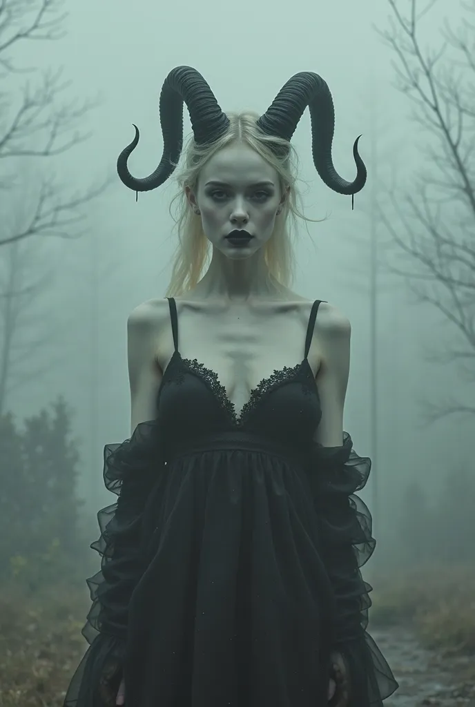 a pale lady/retro photo/dark horns/foggy/dark tops/dark slips/dark lips