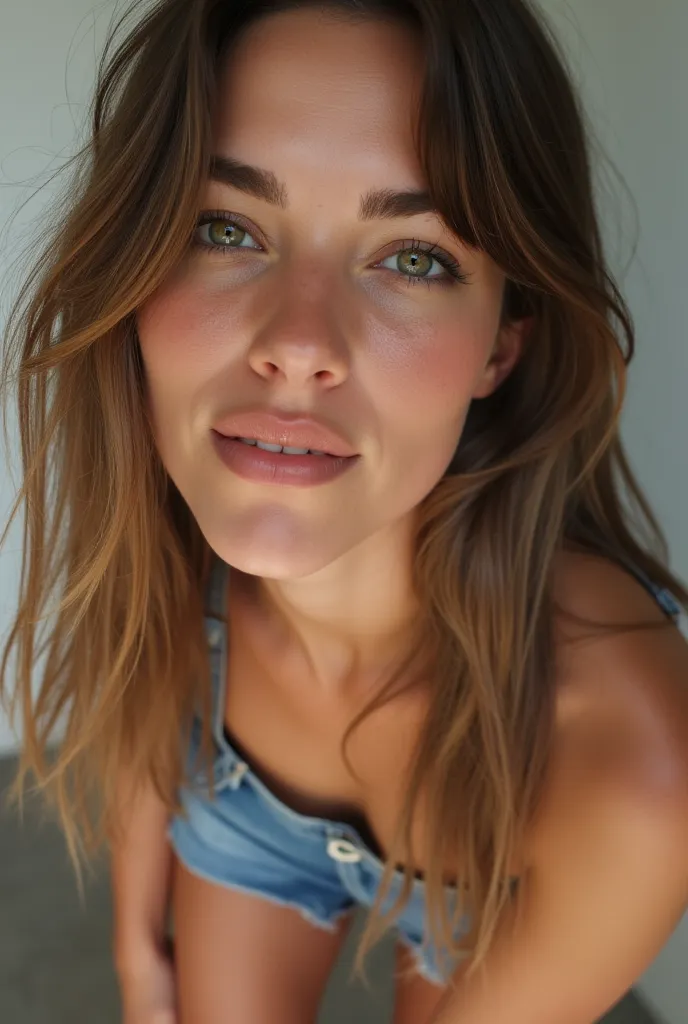 Close-up of a woman who can see her entire body from head to toe, The young woman has EMERALD GREEN EYES,   wheat-colored skin , a big bust,  and an athletic body , She wears a top with a neckline and some Jean shorts and sandals 