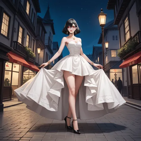 1 girl, สไตล์Anime, Anime,Atmospheric scene of one of the luxury restaurants in the city, night time ,A tall, airy girl,Perfectly proportioned, model-like,, pale white skin like a tiled doll,,dark red eyes, like the most ripe wine,Long black hair, cut into...