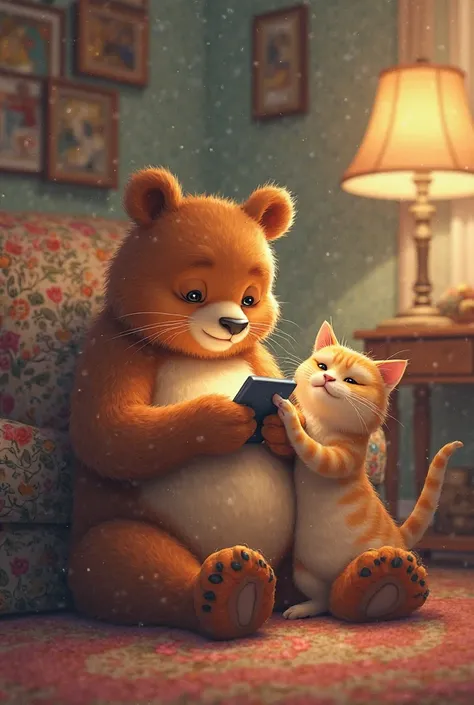 Bear playing on his cell phone and a cat in love banging his belly at home