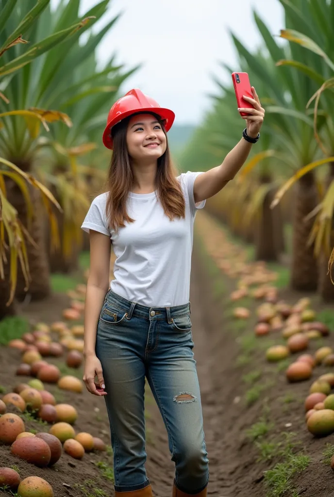 This is a photo of a young woman in a palm oil plantation. She is wearing a red hard hat, a white t-shirt, muddy jeans, and work boots. She is taking a selfie with her smartphone.  Bunches of palm fruit are visible in the foreground.  The background shows ...