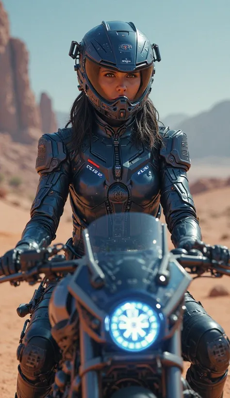 Futuristic Helmet mask goggle face robot girl cop navy blue sitting chair hover bike jet desert galaxy space 