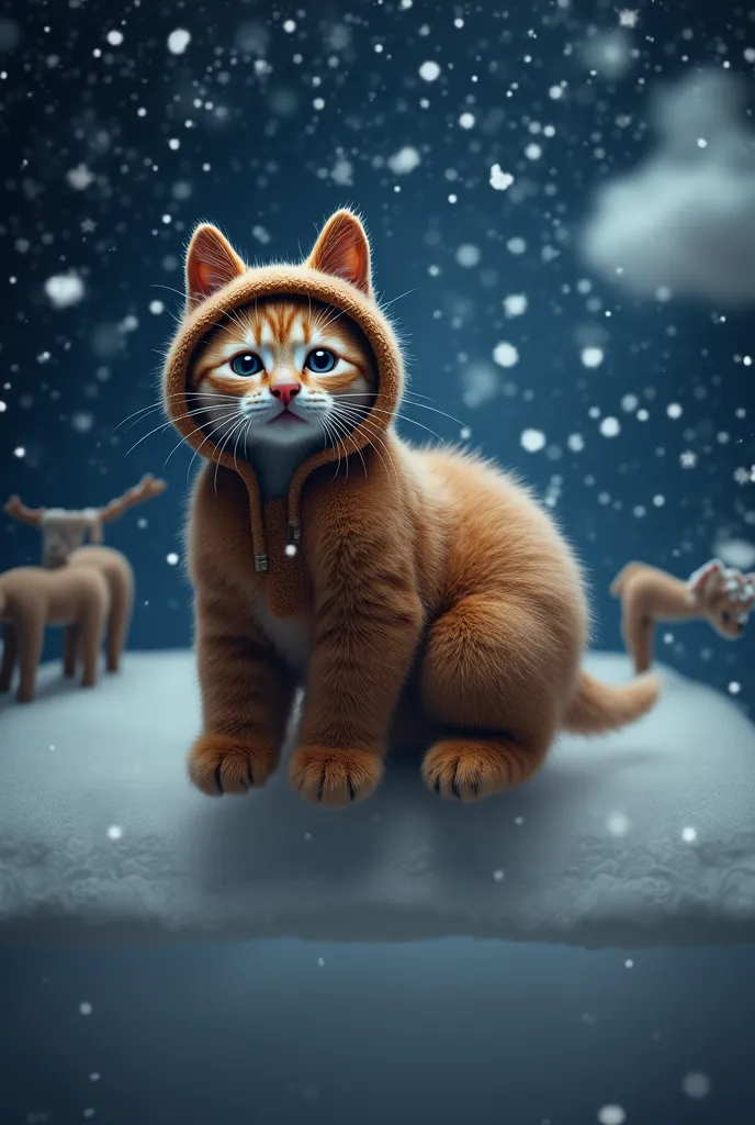 A live-action kitten wearing a kigurumi reindeer flies in the night sky