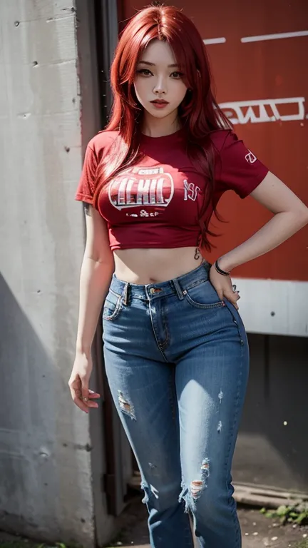 solo , 1girl , red long hair , bikini red shirt rock punk styes , big breast , jeans rock punk styes 