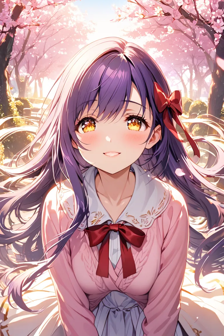 big breasts, very long hair, open your mouth slightly, cherry blossoms,purple base with pink hair tips、 purple eyes、A neat and beautiful girl、white blouse and pink cardigan、miniskirt、Red String Bow 