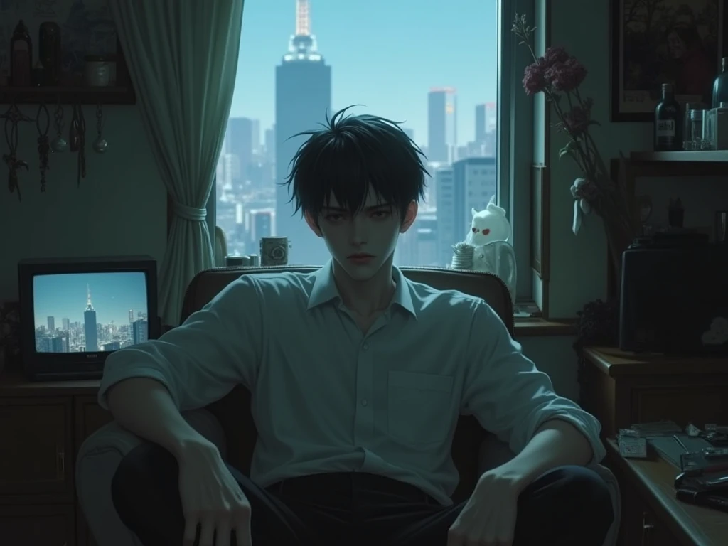 A 26-year-old young man, Takemichi Hanagaki, sits alone in his small and messy apartment. His face looks tired and filled with sadness. The room is cluttered, a small TV glows dimly, and outside the window, the bright Tokyo skyline is visible.
