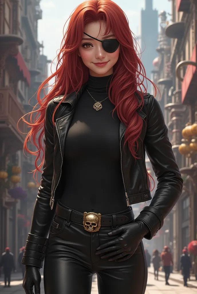 final fantasy square enix style image  Beautiful smiling Asian young woman with long, wavy red hair, wears an eyepatch, wears a tight black turtle-neck T-shirt, an leather black jacket, tight black leather pants, gloves, smooth black boots, necklace, belt ...