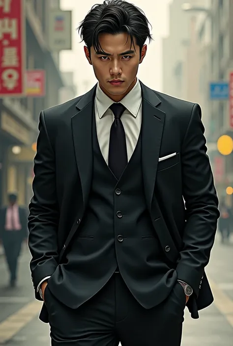 28-year-old Korean hit man in formal Manhwa style suit