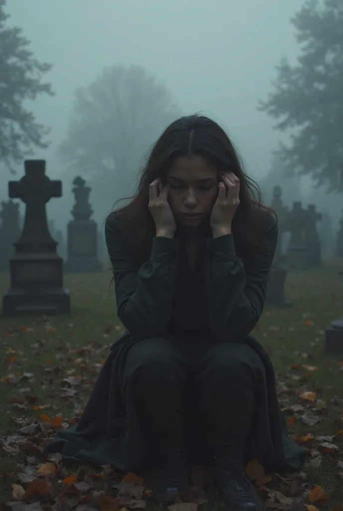 "Lonely girl close-up of her face sitting in a cemetery in a cloudy, foggy weather. She holds her head in her hands, and fallen leaves are scattered around him. In the distance, you can see blurred, like ghosts of the past.  Cloudy atmosphere, silhouettes ...