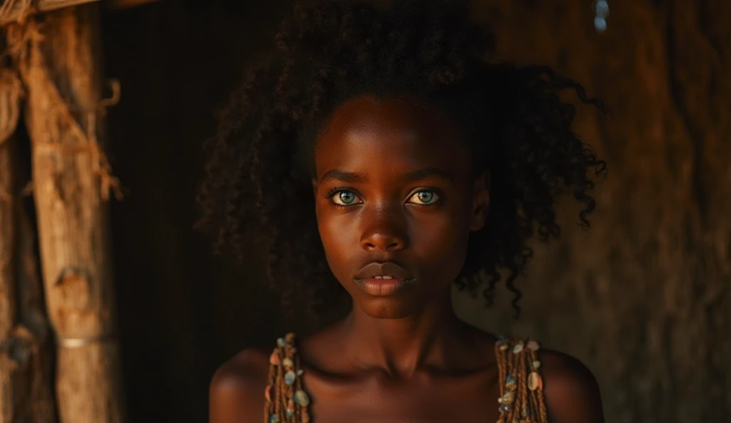 Inside a dimly lit African hut.  Amanda,, an adolescent black girl, has high cheekbones, small nose, full lips, and a bright piercing blue eyes, face filled with fear as she replies her father.

The background features warm undertones, enhancing the luxuri...