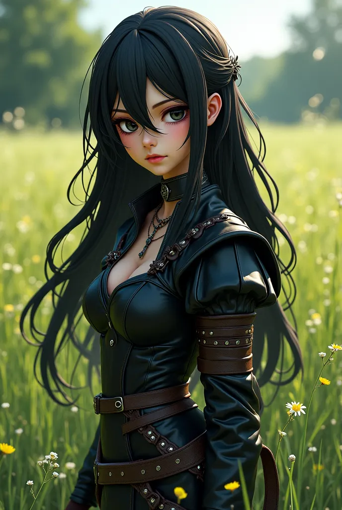 Brown-skinned anime girl in a green grass meadow wearing shiny, mixed-leather medieval clothing with long black hair and penetrating black eyes 