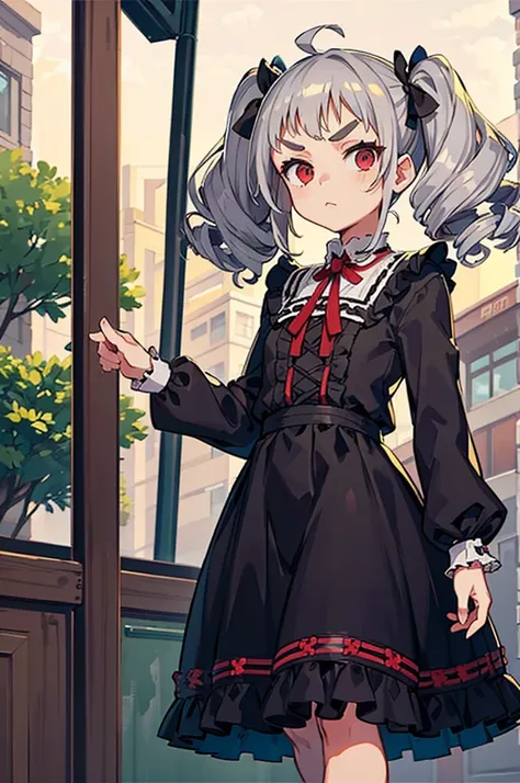 Young girl with grey hair, ((fringed and curly hair)),((curly short twintail)), curly hair ,(red eyes),, ((small bushy eyebrows)), wearing gothic lolita clothing, lolicon , to school, bored eyes, bored face , walking to school, , showing pussy
