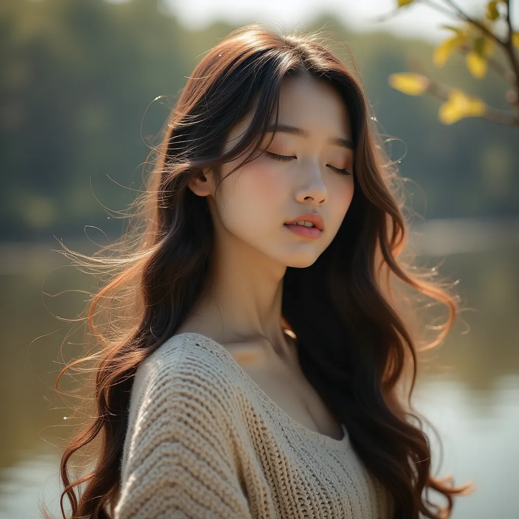 Beautiful Japanese woman with beautiful long hair style、knitted clothes、live-action、Beautiful woman who closes her eyes、(( Delicate Hair Description 、best image quality))、profile