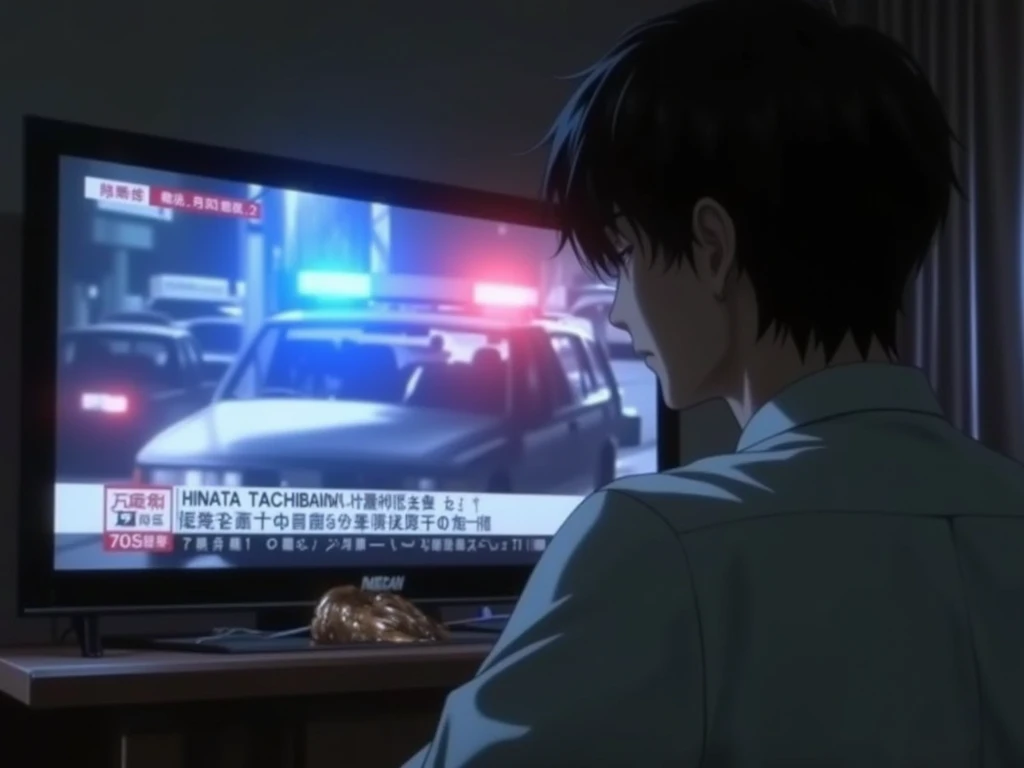 Takemichi stares at the TV, shocked. A news anchor reports that Hinata Tachibana and her brother Naoto were murdered by the Tokyo Manji Gang. The TV screen displays a crime scene with police sirens flashing red and blue. Takemichi’s hands tremble, and his ...