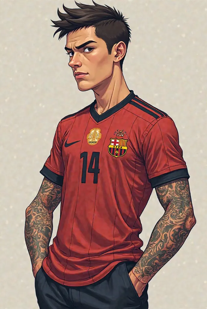 Creates an image of a 19-year-old character with short hair, tattoo closing his left arm and a tattoo with the number on the right "14", He is short , and he wears the soccer team jersey, And his profession is criminal 