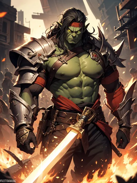 A fierce orc Blademaster from Warcraft 3, depicted from the waist up. His muscular green-skinned body is battle-scarred, exuding raw power. He wears a red headband that flutters in the wind, partially covering his long, wild black hair. His intense, glowin...