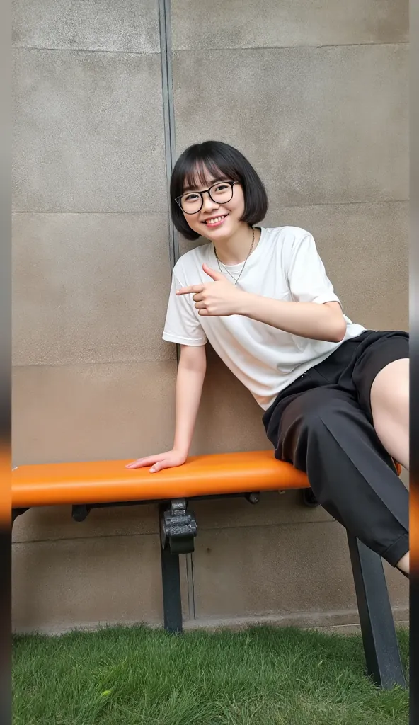  sideways（Look left）And the whole body（ from head to foot）Capturing 、sit on the right side of the orange bench at the gym、To Shizuka-kun「orange bench」Make fun of姿勢を明確に描写。reflect a height of 155 cm in consideration of perspective、sit on the bench。 28 year o...