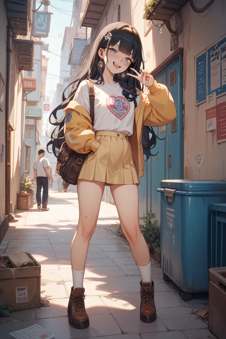 Female college students getting male genitals in their pussies。。The location is a back alley。standing。black hair long hair。 disgusting face。peace sign。Brown shoes。