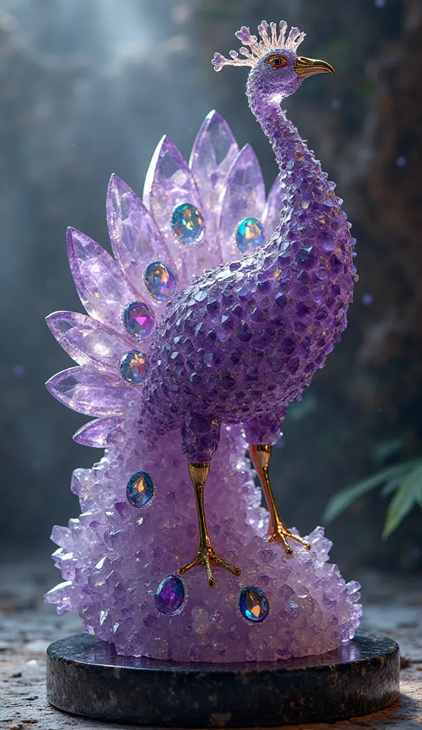 Here’s a detailed image prompt for a **Peacock made of Amethyst gemstone** in 8K quality:  

"A magnificent peacock intricately sculpted from a single piece of radiant Amethyst gemstone, standing proudly with its tail fully fanned out. The deep purple hues...