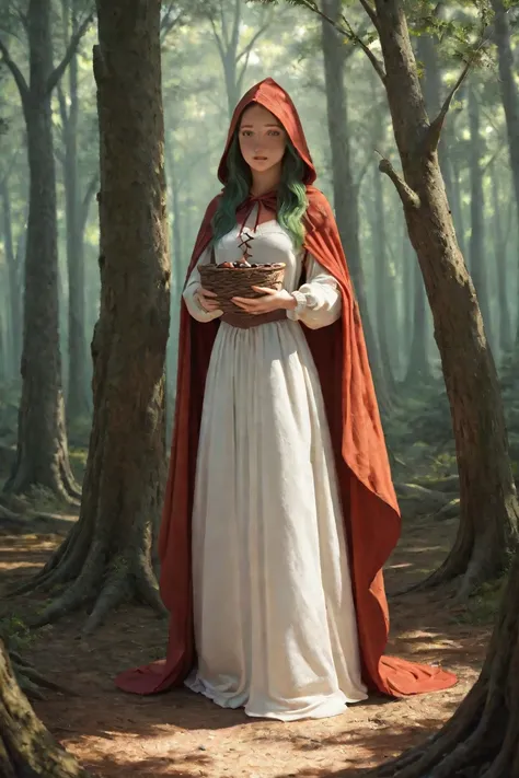 A medieval oil painting of a young girl in a red hooded cloak, standing in a dense forest. She holds a basket in her hand and has long flowing hair, with a calm and serene expression on her face. The background is a highly detailed forest scene with thick ...