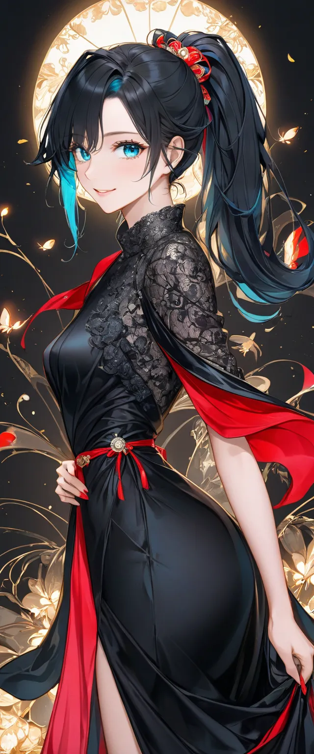 best quality, incredibly absurd, extremely detailed, 2.5D, delicate and dynamic, beautiful woman, black hair pony tail, gorgeous and glamorous black evening dress, red lines, shiny satin fabric, lace, embroidery, robes, shawls, accessories, captivating loo...