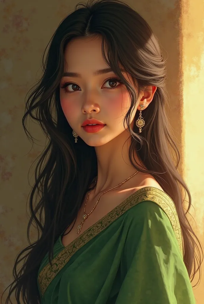 highly detailed, semi-realistic digital painting of a mesmerizing young woman with flowing, midnight-dark hair cascading in soft waves. Her deep, expressive eyes shift in color like a chameleon—sometimes an intense black, other times a warm, inviting brown...